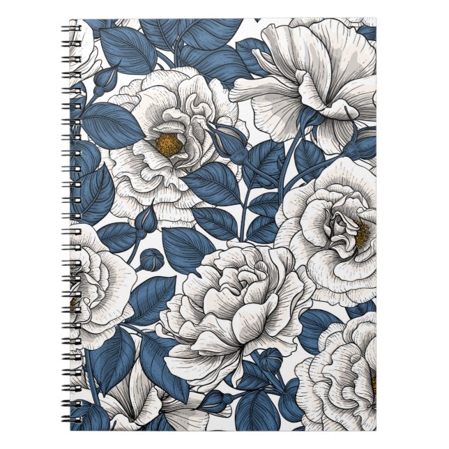 Caderno Espiral Rosas brancas com folhas azuis em branco (Frente)