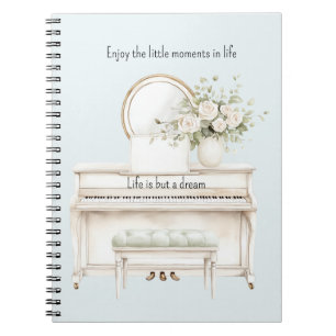 Caderno Espiral Rosas Brancas Românticas Piano a vida é apenas um 