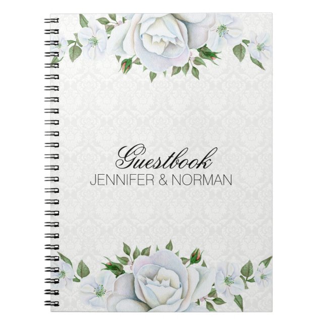 Caderno Espiral Rosas brancas sobre Damasco Branco (Frente)