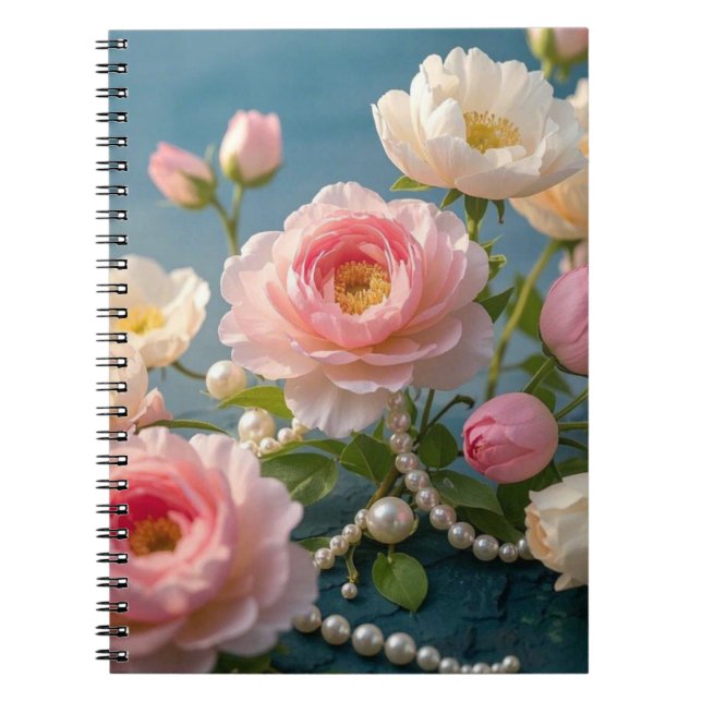 Caderno Espiral Rosas claro esmagadoras com pérolas (Frente)