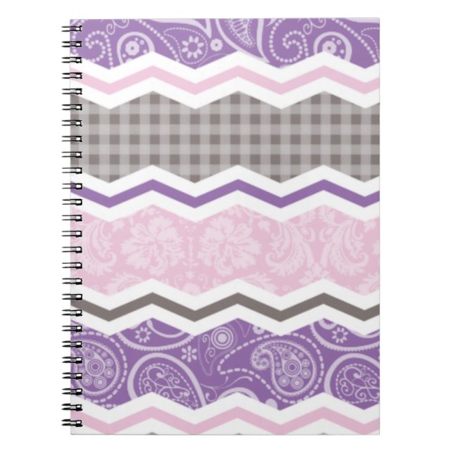 Caderno Espiral Rosas claro, Roxo e Padrões do País de Trama (Frente)