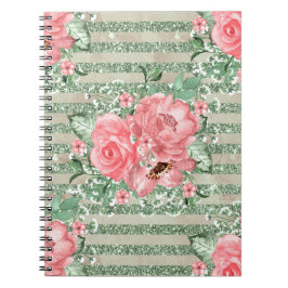 Caderno Espiral Rosas Cor-de-Rosa em Aquarela em Listras de Brilho