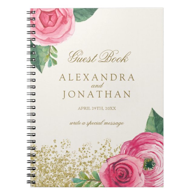 Caderno Espiral Rosas da Aquarela que Wedding o livro de hóspedes (Frente)