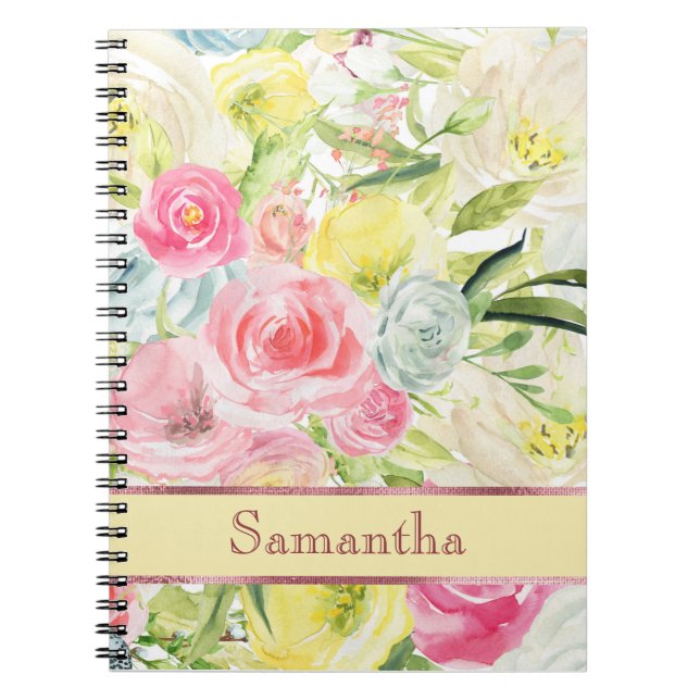 Caderno Espiral Rosas de Aquarela Cor-de-rosa Bonito do chique (Frente)