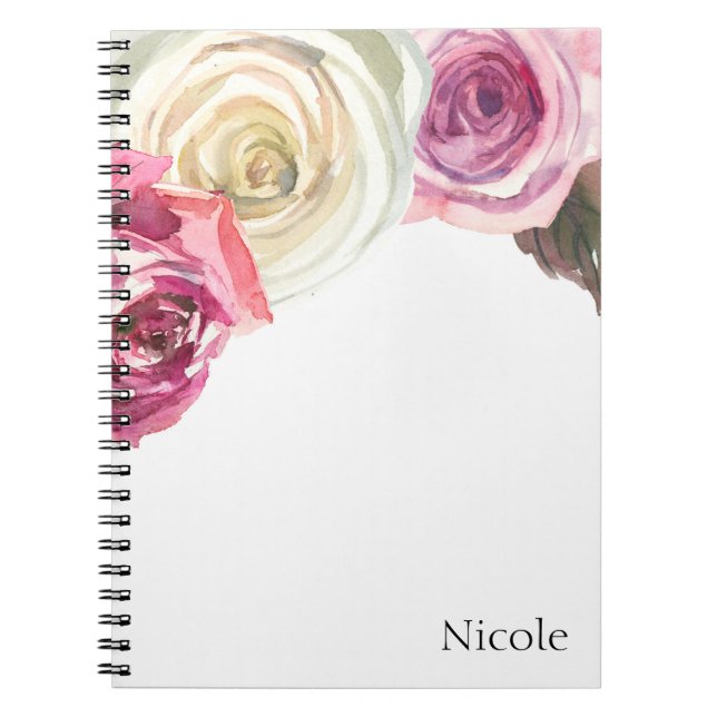Caderno Espiral Rosas de Aquarela Glama Floral Rosa e Branca (Frente)