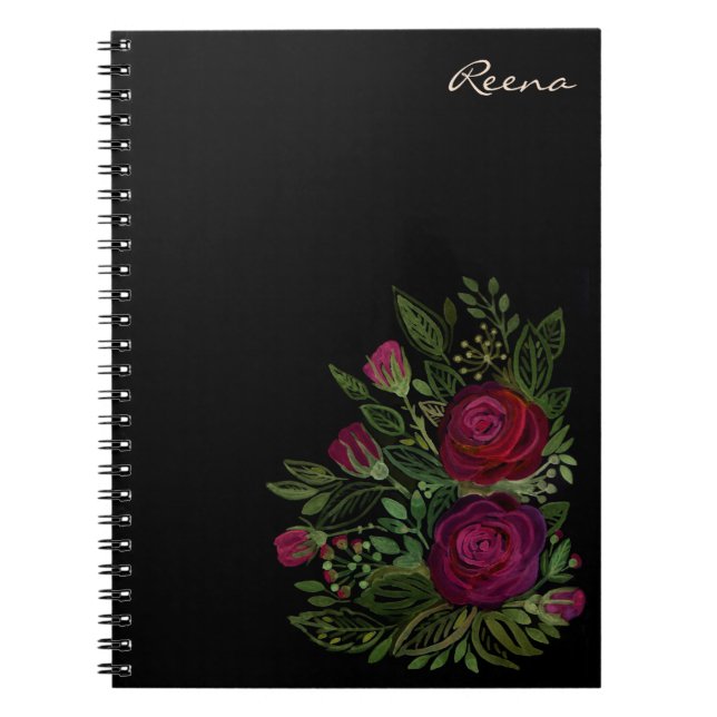 Caderno Espiral Rosas de aquarela sobre fundo preto, aquarela (Frente)