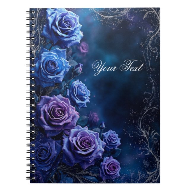 Caderno Espiral Rosas de casamento azuis e roxas de fantasia (Frente)