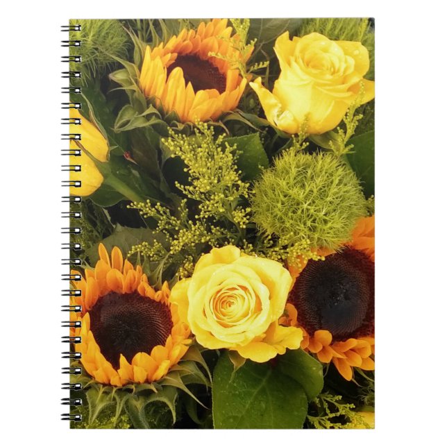 Caderno Espiral Rosas de girassol amarelo alaranjados Buquê floral (Frente)