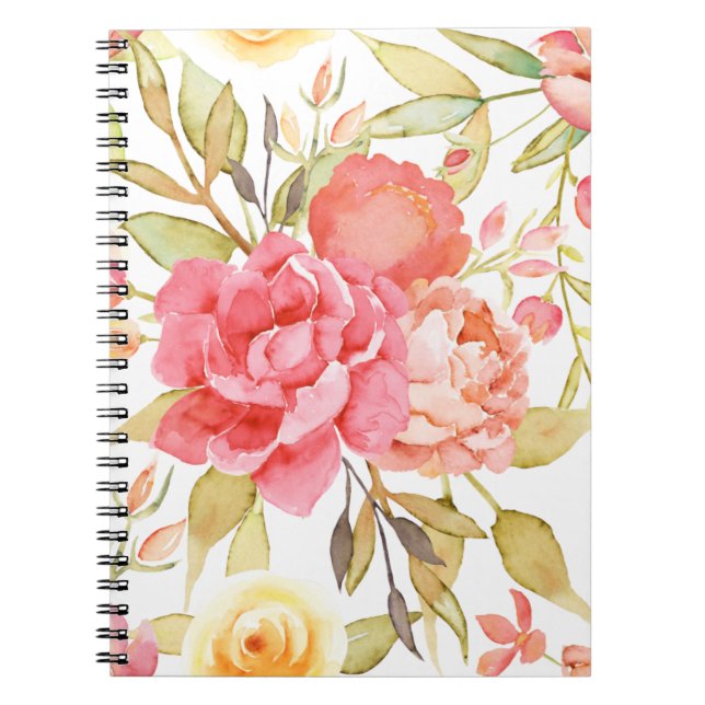 Caderno Espiral Rosas de Jardim de Algodão de Aquarela (Frente)