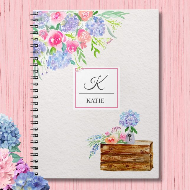 Caderno Espiral Rosas de Pastel de Aquarelas, Hydrangeas Monograma (Criador carregado)