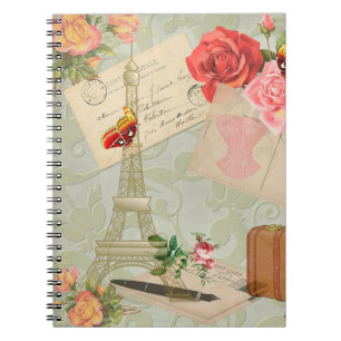 Caderno Espiral Rosas de Vintage em Torre Eiffel