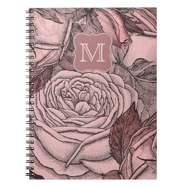 Caderno Espiral Rosas decorativos Monograma cor-de-rosa pincelado (Frente)