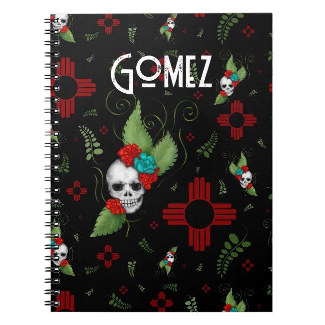 Caderno Espiral Rosas do crânio Zia Sun Greenery Black Novo México (Frente)