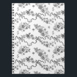 Caderno Espiral Rosas e fitas gravadas em Vintage Elegante<br><div class="desc">Rosas,  flores,  vinhas,  folhas e borboletas,  gravadas a preto,  elegantes e românticas,  com fitas e arcos entrelaçados sobre fundo branco.</div>