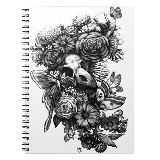 Caderno Espiral Rosas e traças - preto (Frente)