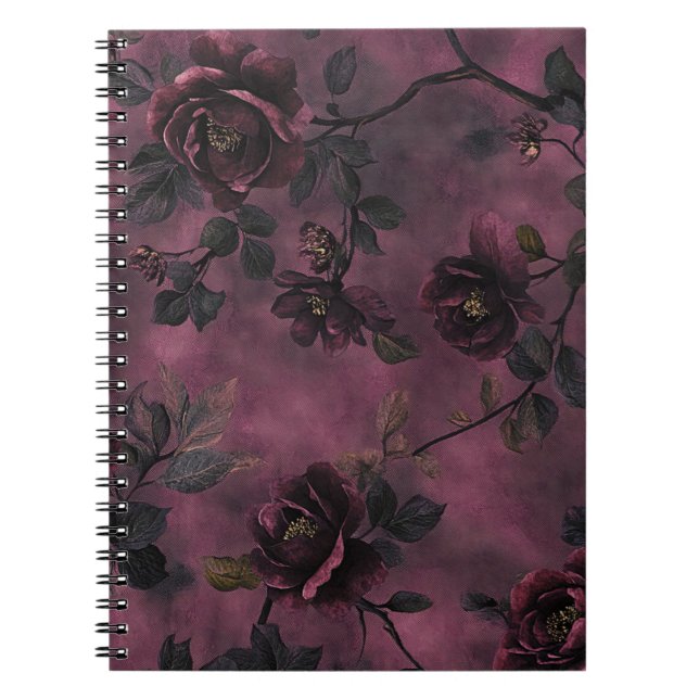 Caderno Espiral Rosas elegantes em um fundo violeta profundo.  (Frente)