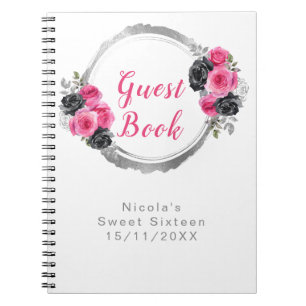 Caderno Espiral Rosas Elegantes Rosa Choque e Prata Sweet Sixteen