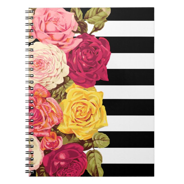 Caderno Espiral Rosas em Listras Pretas e Brancas Modernas Chic Fl (Frente)