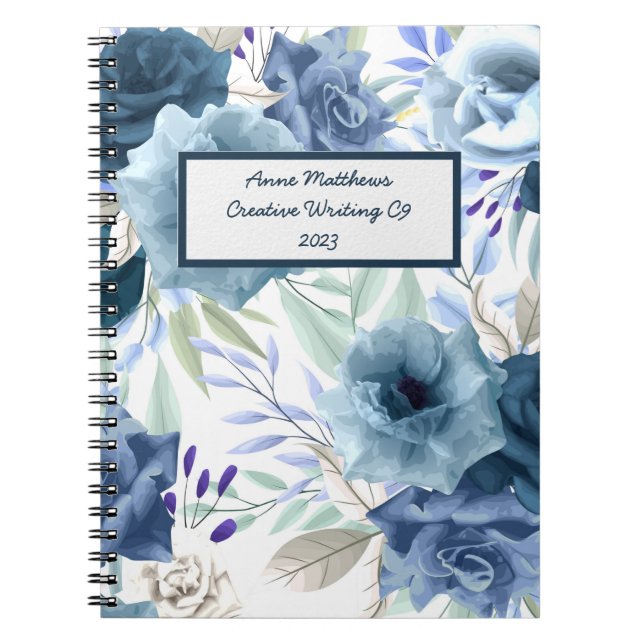 Caderno Espiral Rosas Florais De Aquarela Marinho Pó Nome Azul (Frente)