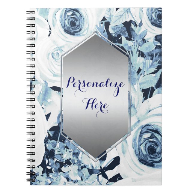 Caderno Espiral Rosas Florais de inverno azul Chique de vinheta (Frente)