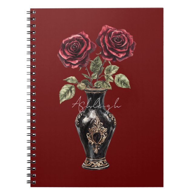 Caderno Espiral Rosas Florais Vermelhas Pretas Vase (Frente)
