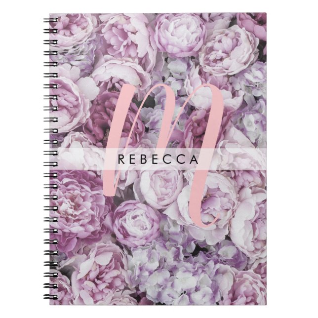 Caderno Espiral Rosas Peônia Floral Rosa Monograma Script (Frente)
