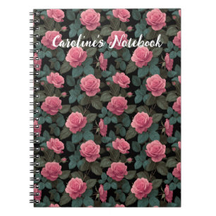 Caderno Espiral Rosas Pink Editáveis em Padrão Floral Preto Person