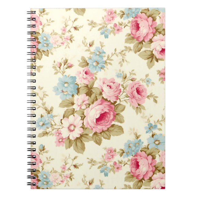 Caderno Espiral Rosas Românticos de Inglês Rosa em Amarelo Pálido (Frente)