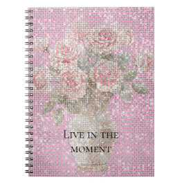 Caderno Espiral Rosas Rosa Bege Brilho Floral 
