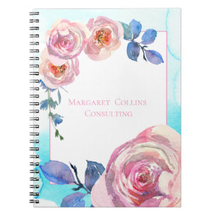 Caderno Espiral Rosas Rosa Bege em Azul com Nome Personalizado