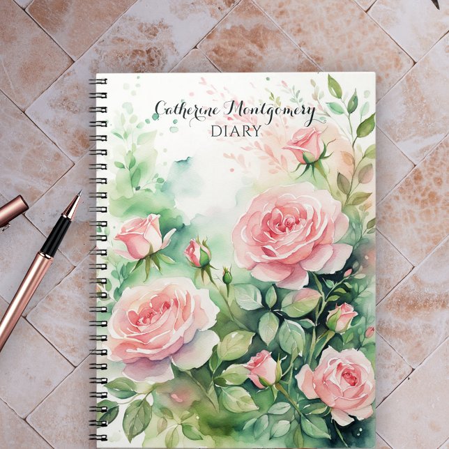 Caderno Espiral Rosas Rosa-Cadeado Elegante com Folhas Verdes (Criador carregado)