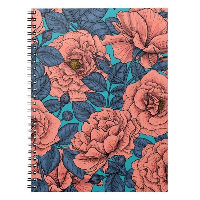 Caderno Espiral Rosas rosa com folhas azuis (Frente)