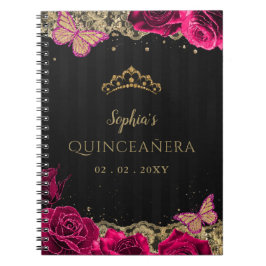 Caderno Espiral Rosas Rosa Douradas Negras Lace Quinceañera Guestb