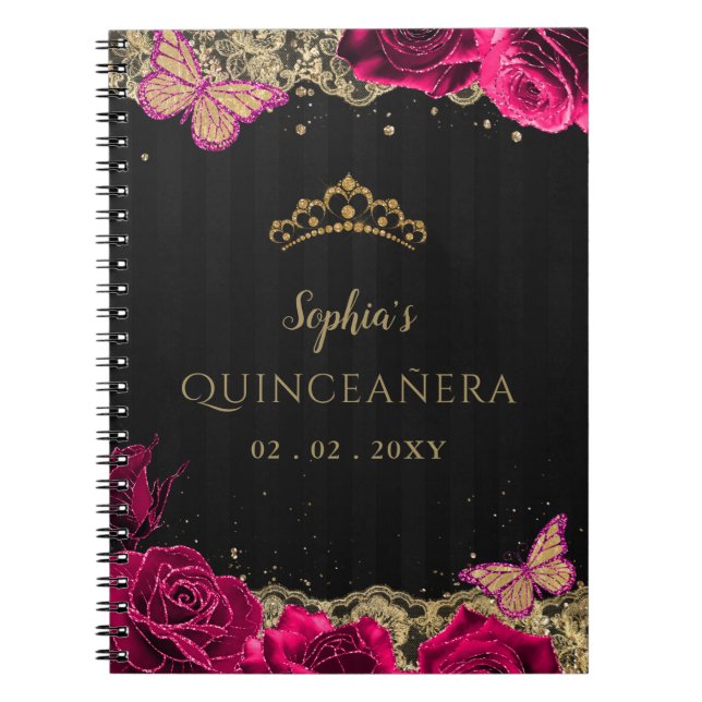Caderno Espiral Rosas Rosa Douradas Negras Lace Quinceañera Guestb (Frente)