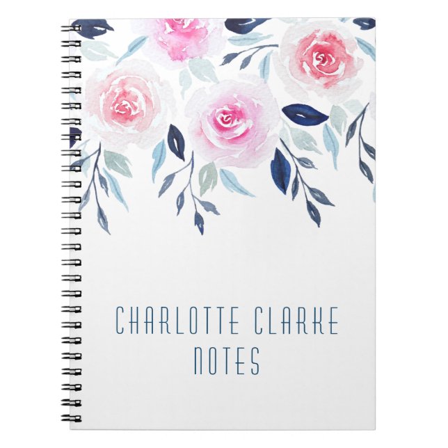 Caderno Espiral Rosas Rosa Floral Nome Personalizado por Aquarela (Frente)