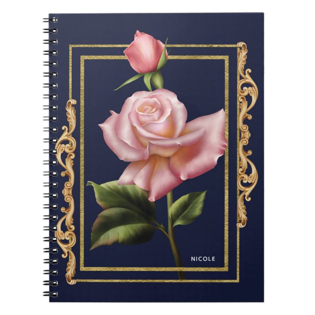 Caderno Espiral Rosas Rosa Marinho Azul e Dourado Glama Russo Mode (Frente)