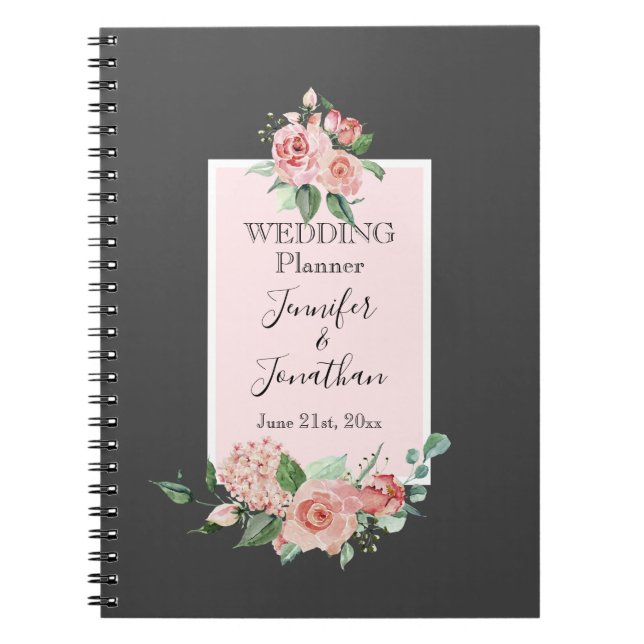 Caderno Espiral Rosas Rosa Simples Elegantes no Planner de Casamen (Frente)