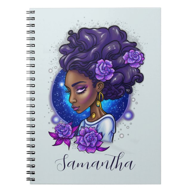Caderno Espiral Rosas Roxos Elegantes Afro Mulher (Frente)