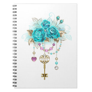 Caderno Espiral Rosas Turquesas com Chaves