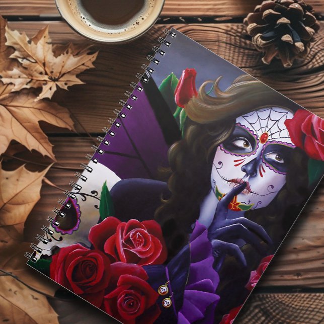 Caderno Espiral Rosas vermelhas de crânio de açúcar Roxo (Criador carregado)