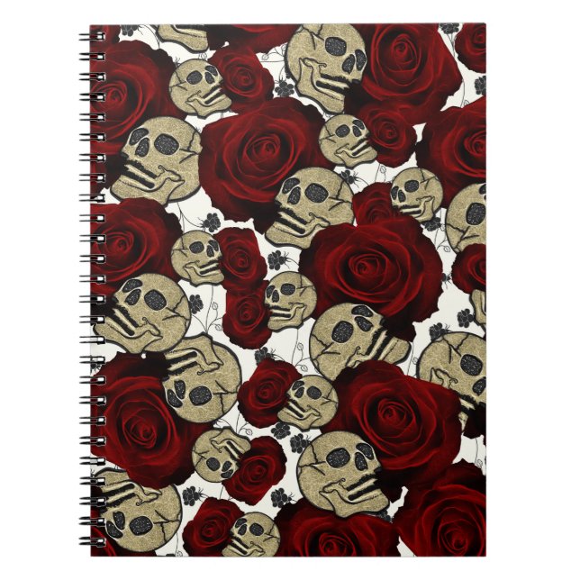 Caderno Espiral Rosas Vermelhas e Caveiras Floral Preto Gótico Bra (Frente)