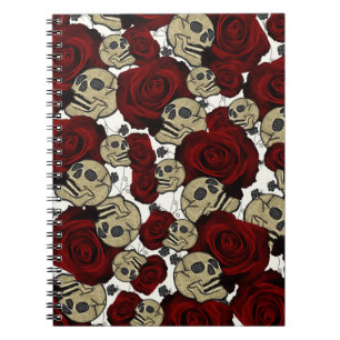 Caderno Espiral Rosas vermelhas e crânios Preto Branco Floral Pret