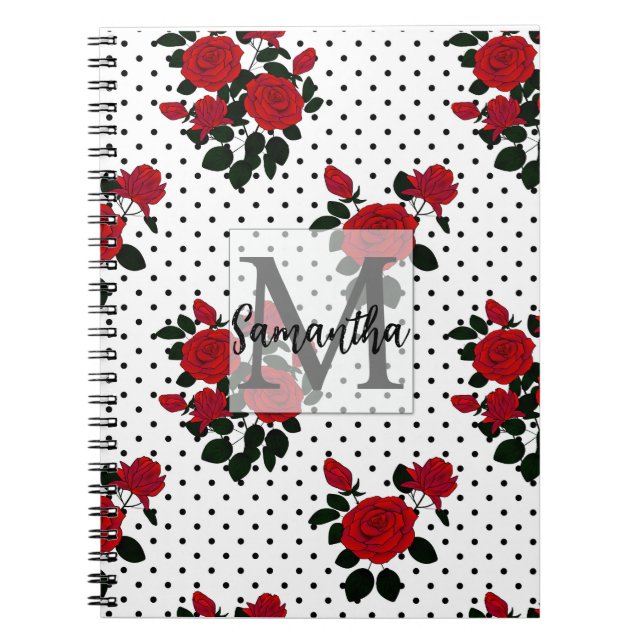Caderno Espiral Rosas vermelhas em segundo plano de bolinhas. note (Frente)