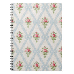 Caderno Espiral Rosas Victorianas cor-de-rosa com Fita Azul