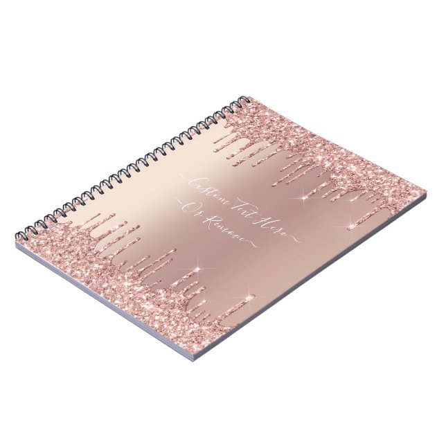 Caderno Espiral Rose Gold Blush Glitter Sparkle Drips Custom Text  (Left Side)