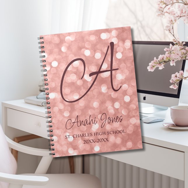 Caderno Espiral Rose Gold Sparkles Monogram Academic Year School (Criador carregado)