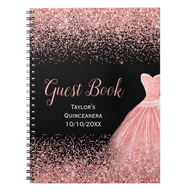 Caderno Espiral Rose Pink Dress Faux Glitter Quinceanera guest (Frente)
