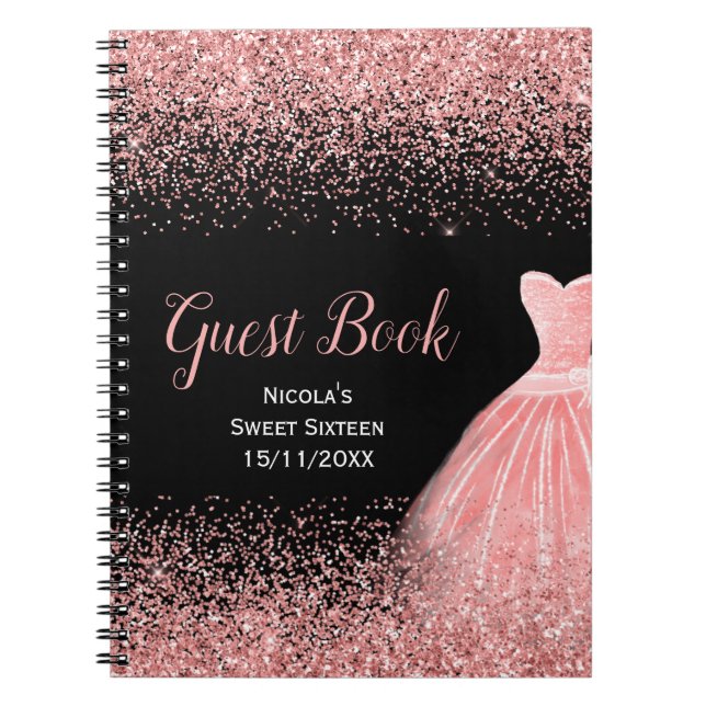 Caderno Espiral Rose Pink Dress Faux Glitter Sweet 16 Guest Book (Frente)