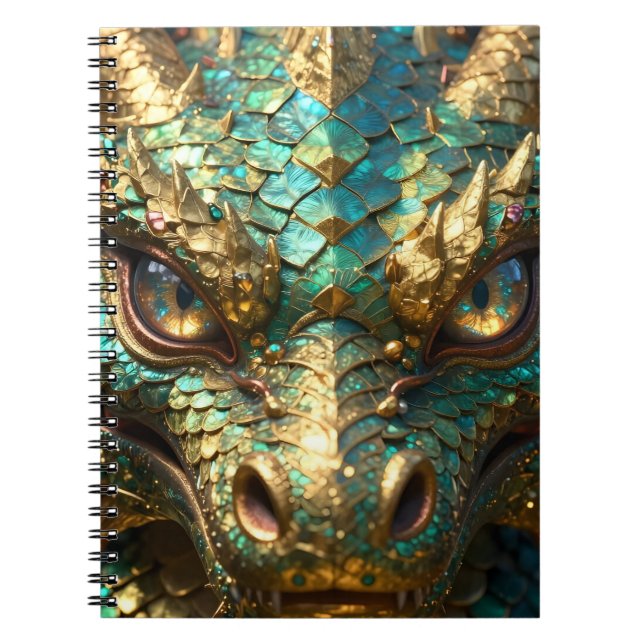 Caderno Espiral Rosto de Dragão Turquesa e Dourado (Frente)