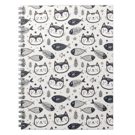 Caderno Espiral Rosto de Gato Fofo e Padrão de Espinhas de Peixe -